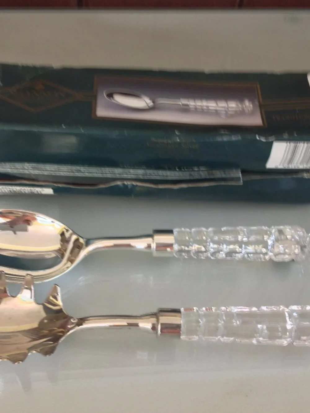 Vintage Shannon Crystal salad serving set with silver plated heads